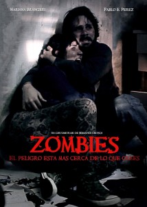 cartel con imagen de una pareja escondidos en una habitación rodeada de zombies