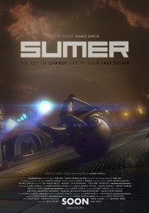 cartel de sumer, corto futurista de animación, moto en desierto